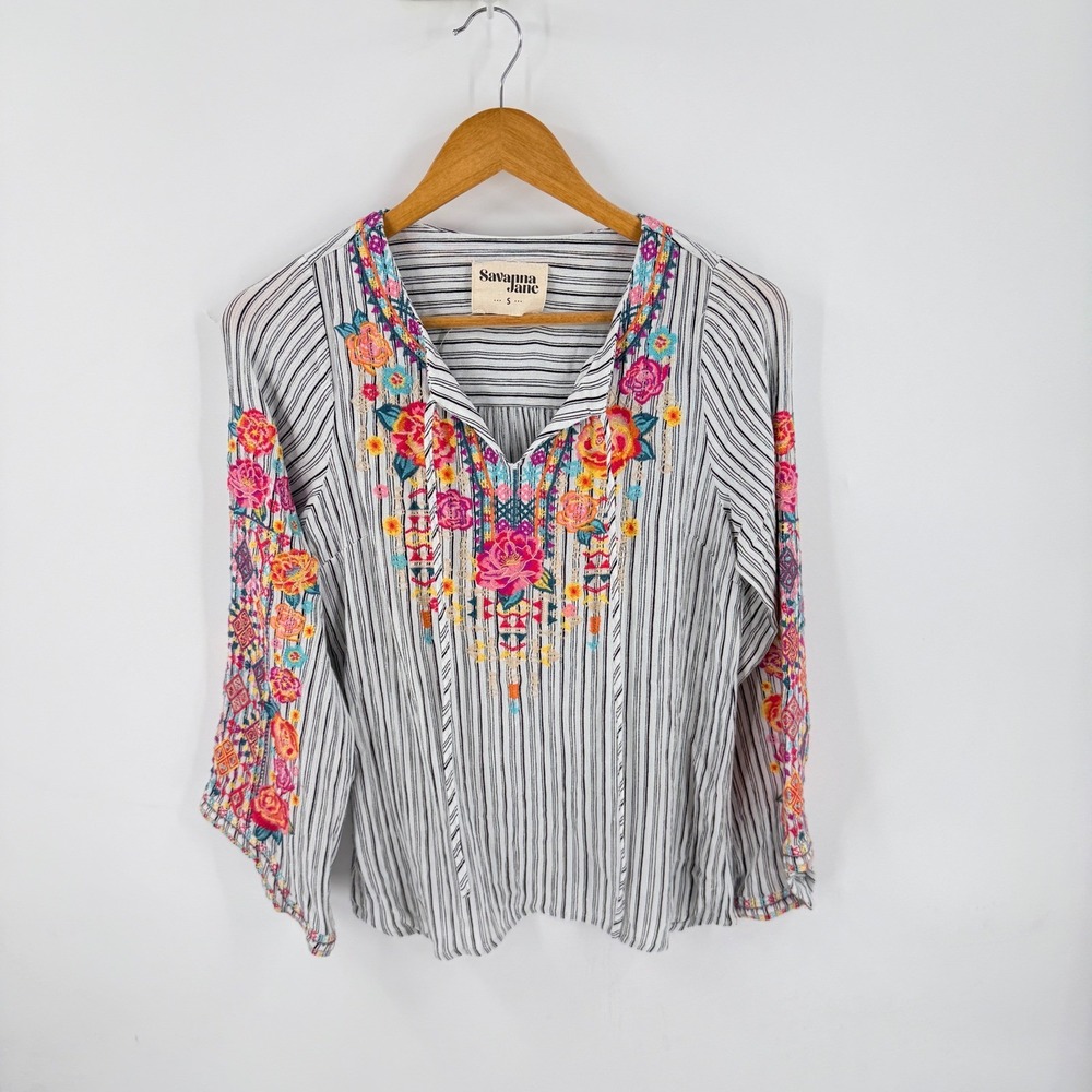 Savanna Jane Embroidered Striped Boho Peasant Blouse Bell Sleeve Size S Small